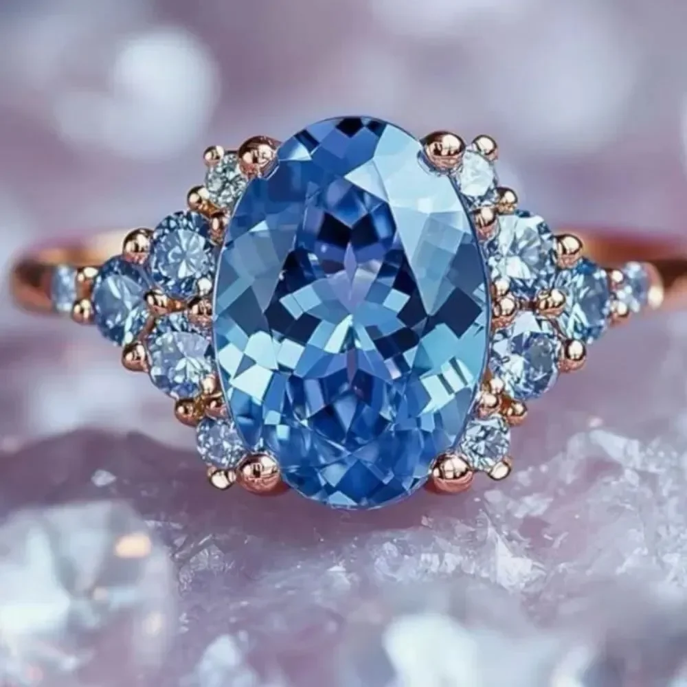 🩵 NEW Elegant Blue Crystal Gold Plated Gemstone Ring 🩵